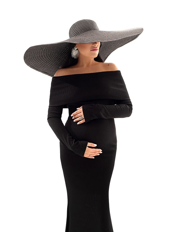 Zwangerschapsjurk met off-shoulder hals en zeemeerminrok in zwart