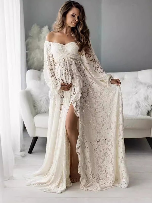 Zwangerschapsset met off-shoulder hals en kanten kwastjes in abrikoos