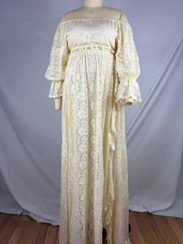 Zwangerschapsset met off-shoulder hals en kanten kwastjes in abrikoos